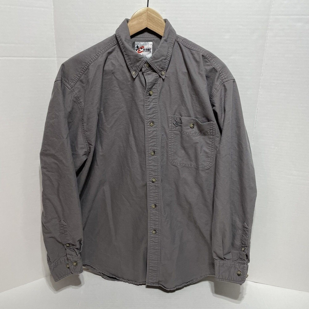 Chase Authentics Mens Button Up Shirt, Large, Grey, Long Sleeve